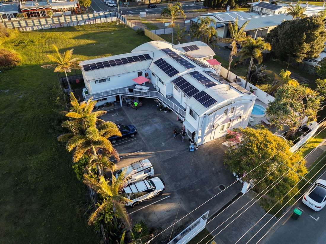 Aerial view of the CALI Backpackers property in Caloundra